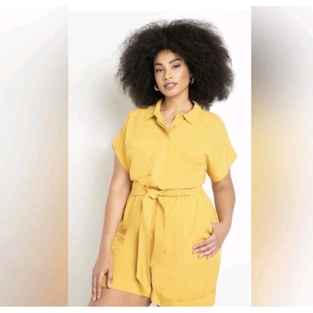 NWT Eloquii Size 24 Romper Women's Yellow Button Front Short Sleeve Tie Waist